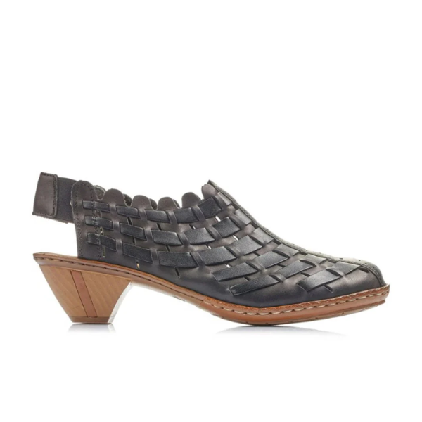 The RIEKER Womens Sina Weave Black shoe is a woven leather slingback with a closed toe and low chunky wooden heel, shown in profile against a white background.