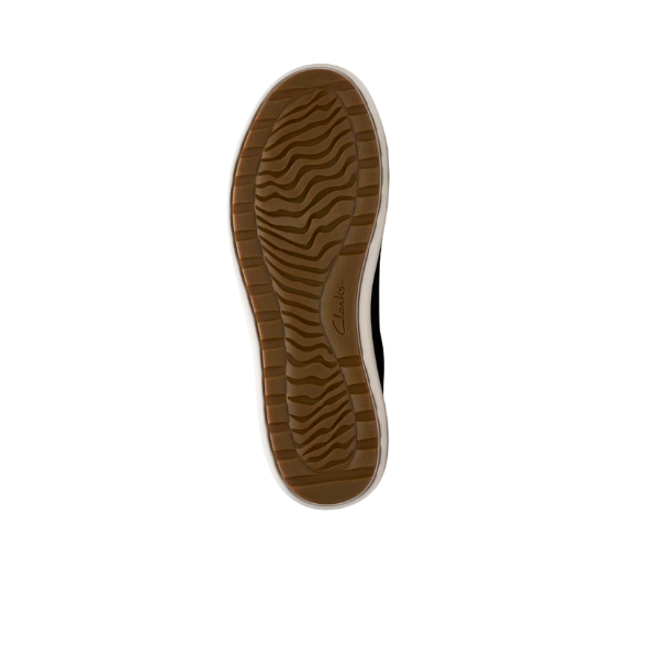 The image displays the sole of a CLARKS Mens Mapstone Lace Wide Black/White sneaker, featuring a tan wavy tread pattern, white sides, and the CLARKS logo in the center, set against a plain white background.