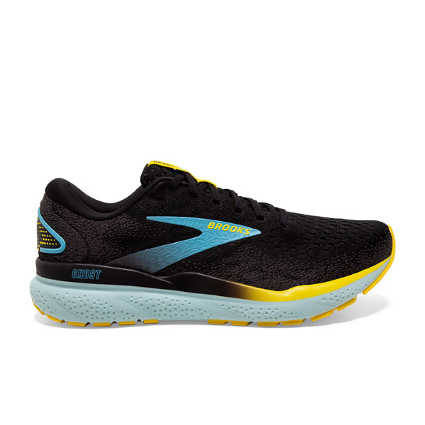 The BROOKS Mens Ghost 16 in Black/Blue/Yellow features a low-top design, textured upper for foot pain relief, blue logo, yellow accents, and a light blue sole. Shown here in a side profile view.