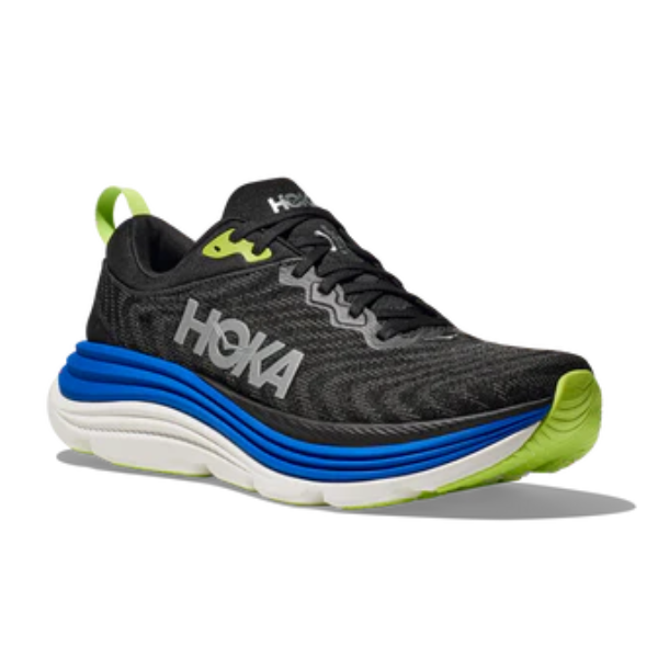 The HOKA Mens Gaviota 5 Medium in Black/Blue features a gray logo, blue and white midsole, neon green heel and sole accents, H-Frame support, and black laces—shown on a white background.