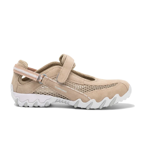 The ALLROUNDER Allrounder Womens Niro Taupe/Suede is a Mary Jane-style sneaker with suede and mesh, Velcro strap, thick white treaded sole, and adjustable heel—perfect for women seeking stylish comfort shoes.