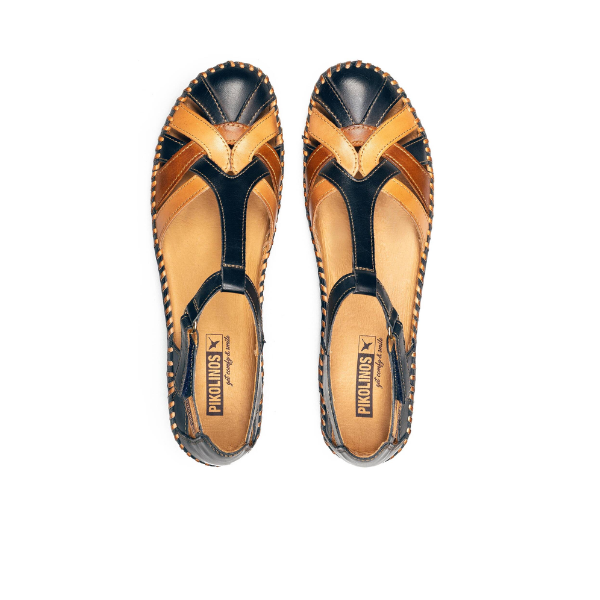 A pair of PIKOLINOS Womens P. Vallarta Navy sandals with a woven leather design and visible stitching, shown side by side on a white background—ideal comfortable shoes for daily wear.