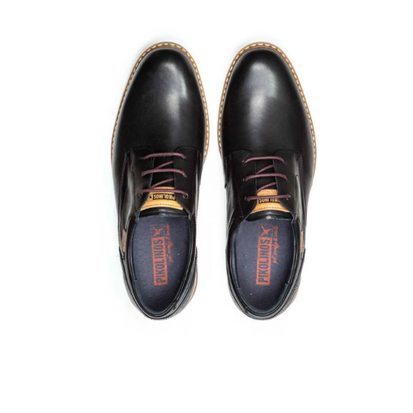 A pair of PIKOLINOS Mens Avila Black leather dress shoes with brown soles and dark laces, shown from above on a white background. The insoles are designed for foot pain comfort.