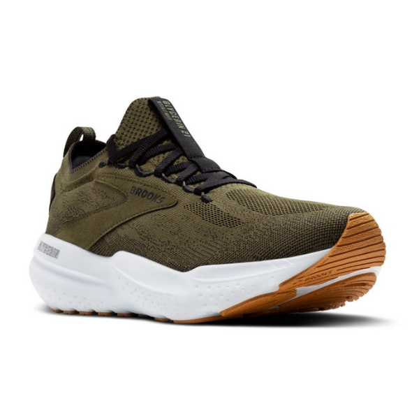 The BROOKS Mens Glycerin Stealth Fit 21 Green running shoe features an olive upper, black laces, a thick white cushioned sole, and brown outsole. Shown angled on a white background. Offers ideal support for plantar fasciitis.