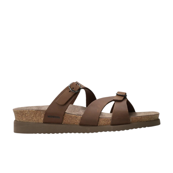 The Mephisto Womens Hannel Sandals in dark brown feature two leather straps—one with a buckle and one with a toe loop—a leather-lined cork footbed, AIR-RELAX technology, and a textured flat rubber sole. Side view shown on a white background.