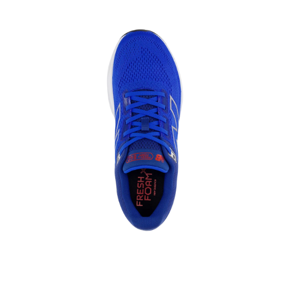Top view of the NEW BALANCE Mens Fresh Foam 860v14 Blue running shoe with white accents, black laces, orange “Fresh Foam” logo on the black insole, Fresh Foam X midsole, and Stability Plane technology. Isolated on white background.