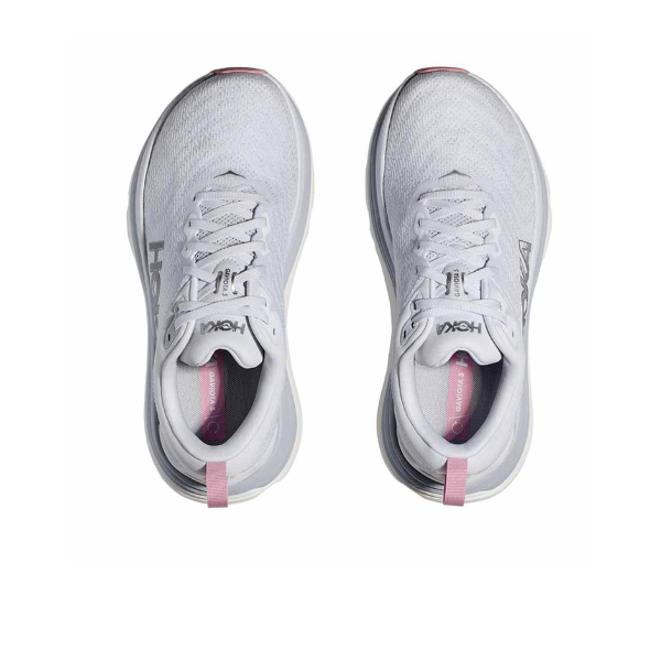 Top view of the HOKA Womens Gaviota 5 Wide running shoes in grey, featuring Stabilizing H-Frame technology and the HOKA logo on the sides and tongues.
