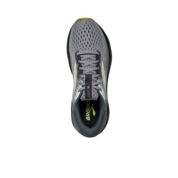 Top view of the BROOKS Mens Ghost 16 Grey/Green running shoe with mesh upper, dark gray laces, green logo on the insole, soft cushioning, and black and light green side accents.