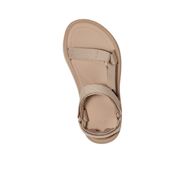 Teva Womens Hurricane XLT2 Ampsole Sesame: Beige open-toe sport sandal with adjustable ankle and toe straps, made from recycled materials. Photographed from above on a white background. Brand: Teva.