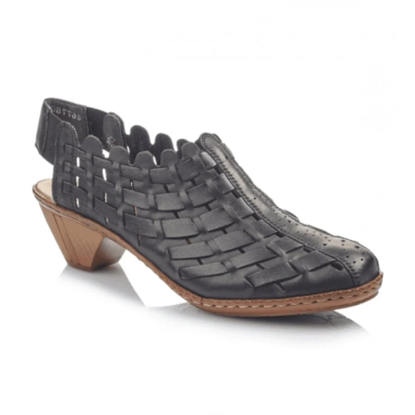 The RIEKER Womens Sina Weave Black is a black woven leather slingback sandal with a closed toe, open heel, medium brown block heel, visible stitching, a glossy finish, and a comfort-focused design.