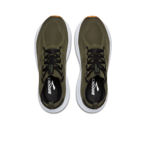 A pair of BROOKS Mens Glycerin Stealth Fit 21 running shoes in green with white soles, seen from above on a white background.