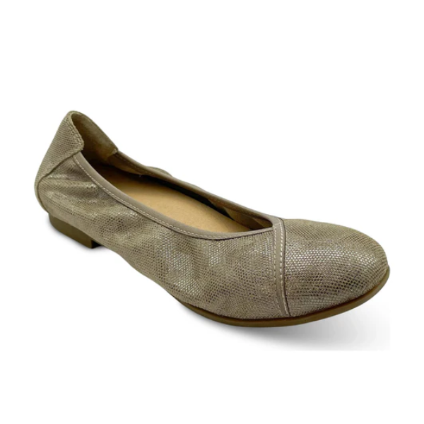 The REVERE Women’s Nairobi in Beige/Champagne features a taupe lizard-print texture, rounded toe, and low heel for comfortable ballet-flat style, shown against a white background.