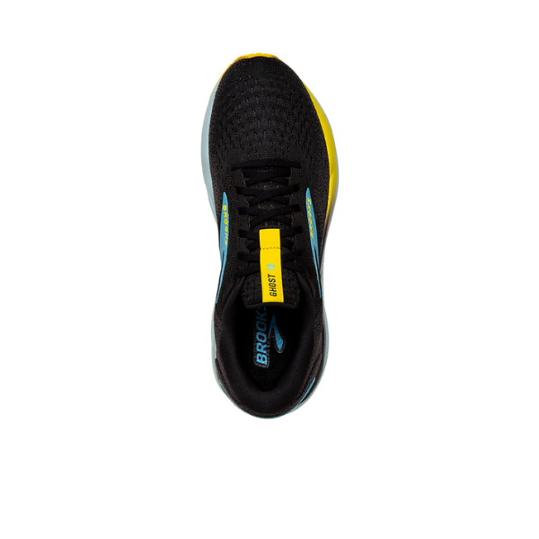 Top view of the Brooks Mens Ghost 16 Black/Blue/Yellow running shoe, featuring yellow accents and a blue logo—ideal for runners seeking comfort and foot pain relief.