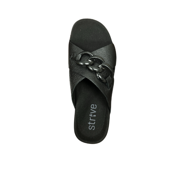 The STRIVE Strive Womens Palma Link Black is a womens comfort sandal with a thick chain detail, supportive arch, and strive on the insole—shown in black slip-on style on a white background.