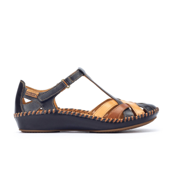 The PIKOLINOS Womens P. Vallarta Navy is a comfortable womens shoe with a closed heel, open toe, T-strap design, navy leather panels, detailed stitching along the sole, and an adjustable buckle—great for plantar fasciitis support.