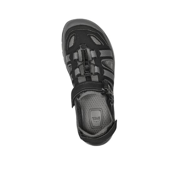 The Teva Men’s Omnium 2 Hybrid Black sandal features quick-drying black and gray mesh, a closed toe, adjustable heel strap, and bungee lacing—an ideal outdoor adventure shoe—shown from above on a white background.
