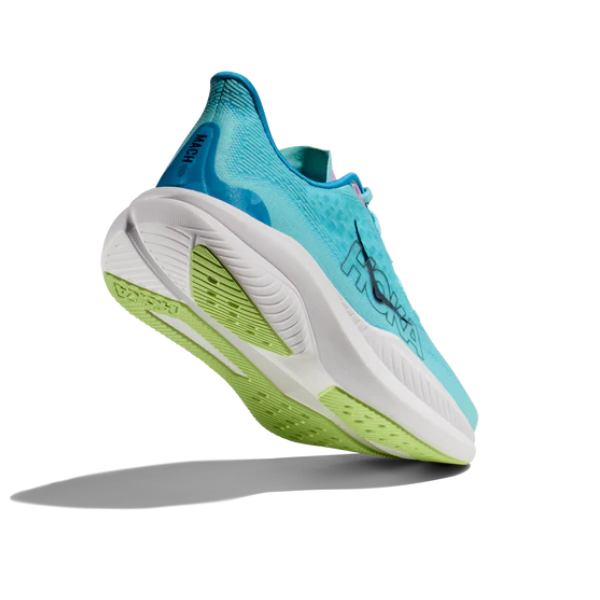 The HOKA Womens Mach 6 (Medium Width) in teal, shown from the rear on a white background, features a cushioned sole and lightweight design by HOKA for comfortable, everyday running.