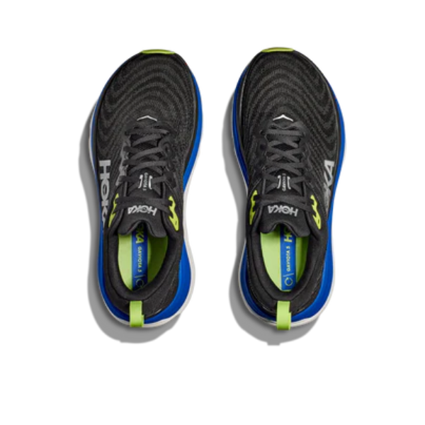 A pair of HOKA Mens Gaviota 5 Medium Black/Blue running shoes with blue midsoles, white HOKA branding, and lime green accents on heel and eyelets, featuring the stabilizing H-Frame, seen from above on a white background.