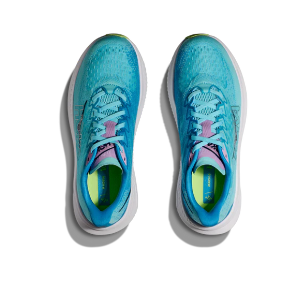 A pair of HOKA Womens Mach 6 (Medium Width) running shoes in teal, designed for everyday comfort and foot pain relief, is shown from above on a white background.