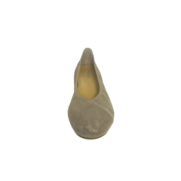 The REVERE Revere Womens Nairobi Beige/Champagne flat features a rounded toe, minimal design, and textured fabric—crafted for comfort as a ballet flat—shown from the front against a white background.