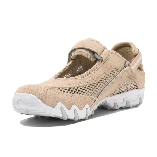 The ALLROUNDER Womens Niro Taupe/Suede sneaker features a Mary Jane style with mesh panels, suede accents, a white wavy sole, and an adjustable strap—ideal for all-day comfort and support.