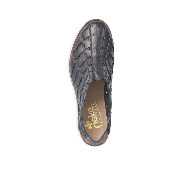 Top view of the Rieker Womens Sina Weave Black slingback, featuring black woven leather, a tan sole, perforated accents, and gold RIEKER Antistress branding—stylish comfort heels for any occasion.