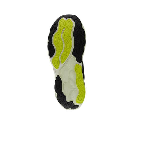 The image shows the sole of the NEW BALANCE Mens Fresh Foam 860v14 Green sneaker, featuring a white base with black and neon green textured oval grip patterns, designed for cushioned support. The sole is viewed from the bottom on a plain white background.