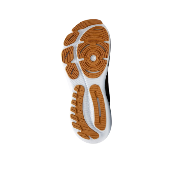 The image displays the sole of the BROOKS Mens Glycerin Stealth Fit 21 Green running shoe, featuring a white base and brown rubber tread, photographed from below against a plain white background—great for plantar fasciitis support.