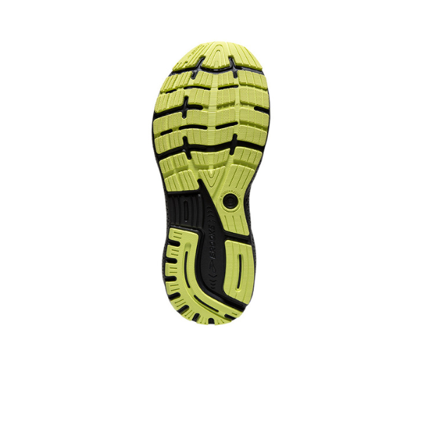 The image displays the sole of the BROOKS Mens Ghost 16 Grey/Green running shoe with black accents and a textured tread pattern, known for soft cushioning, set against a white background.