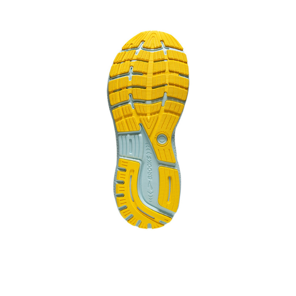 BROOKS Mens Ghost 16 Black/Blue/Yellow running shoe shown from the sole, highlighting textured grip and embossed brand in the arch, engineered for foot pain relief, displayed on a white background.
