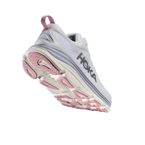 The HOKA Womens Gaviota 5 Wide Grey running shoe features Stabilizing H-Frame technology and light pink sole and heel loop accents, shown from a low rear angle on a white background.
