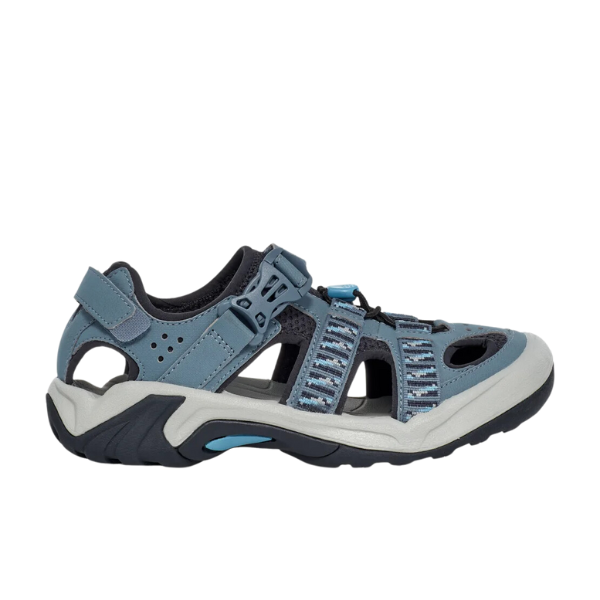 The Teva Womens Omnium 2 Hybrid Blue Mirage features a closed-toe design, quick-drying upper, Velcro strap, breathable mesh panels, and rugged rubber sole—ideal for outdoor adventures.