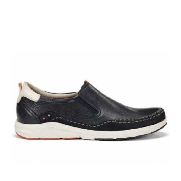 The FLUCHOS Mens Kai Slip-On F1985 Ocean Blue features a blue leather upper, white stitching, cushioned white sole, and red heel detail, offering casual style and all-day comfort for foot pain relief.