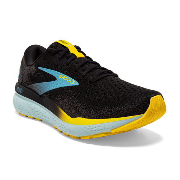 The BROOKS Mens Ghost 16 Black/Blue/Yellow running shoe features yellow accents, blue side details, a light blue foam sole, and is designed for foot pain relief. The Brooks logo is on the side and its shown on a white background.
