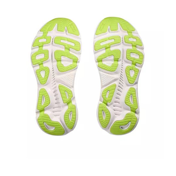 A pair of HOKA Mens Gaviota 5 Medium Black/Blue soles face upward, highlighting a white base with bright green rubber traction, grip-enhancing grooves, and the stabilizing H-Frame design from HOKA.