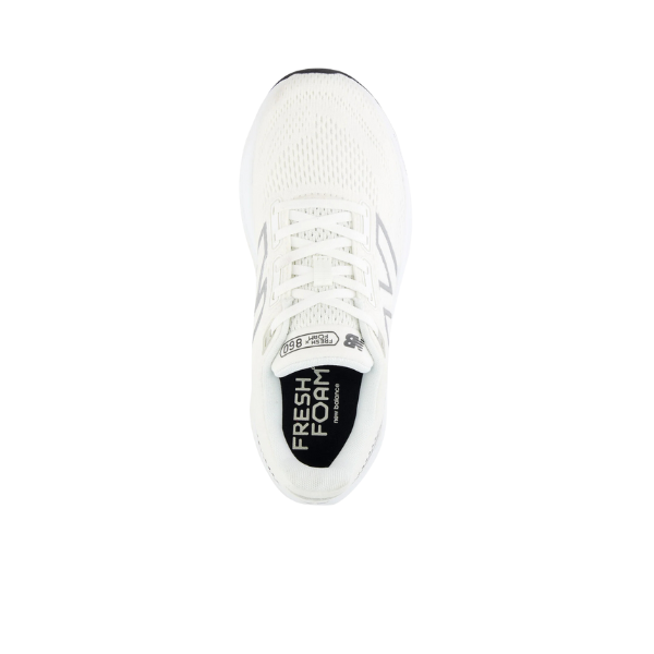Top view of the New Balance Womens Fresh Foam 860v14 White running shoe, featuring Fresh Foam X cushioning, white laces, mesh upper, enhanced stability plane, and superior comfort for runners.
