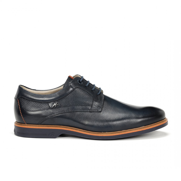 The FLUCHOS Mens Tristan F1744 Blue dress shoe features blue laces, orange stitching, and a contrasting brown strip above the sole, designed for foot pain relief and shown against a white background.