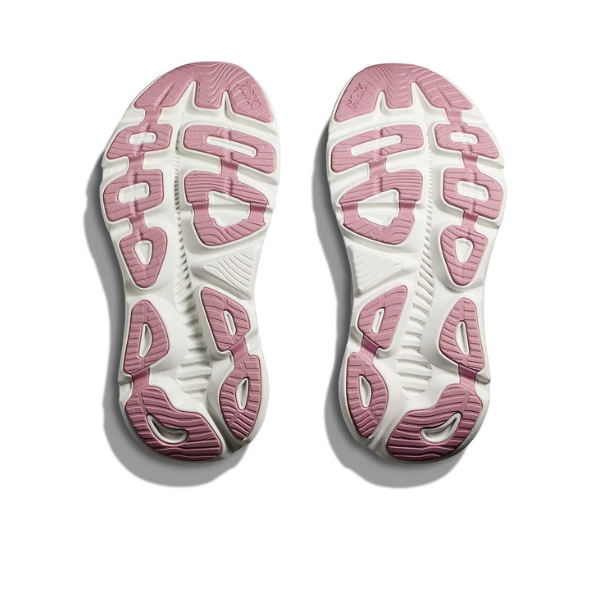 A pair of HOKA Womens Gaviota 5 Wide Grey running shoe soles are displayed side by side on a white background, emphasizing their stabilizing H-Frame technology from the bottom view.