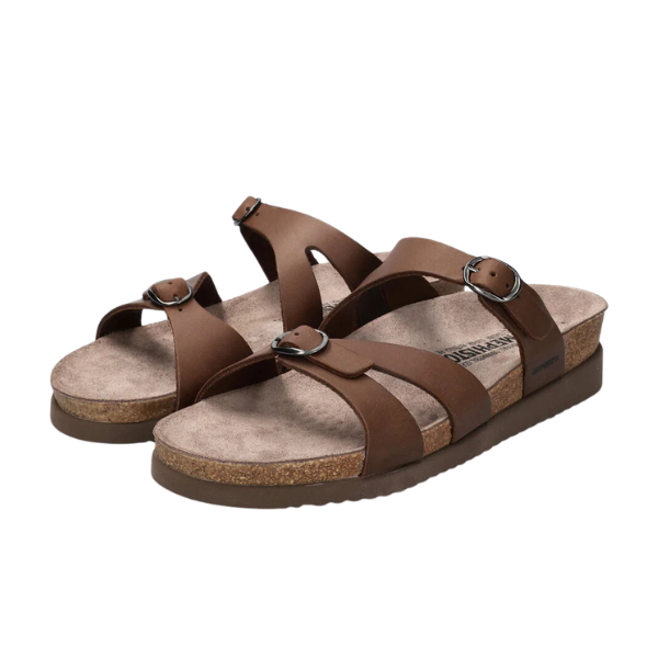The Mephisto Womens Hannel Sandals in dark brown by MEPHISTO feature adjustable buckles, leather-lined cork footbeds for comfort, AIR-RELAX technology, and textured outsoles, shown on a white background.