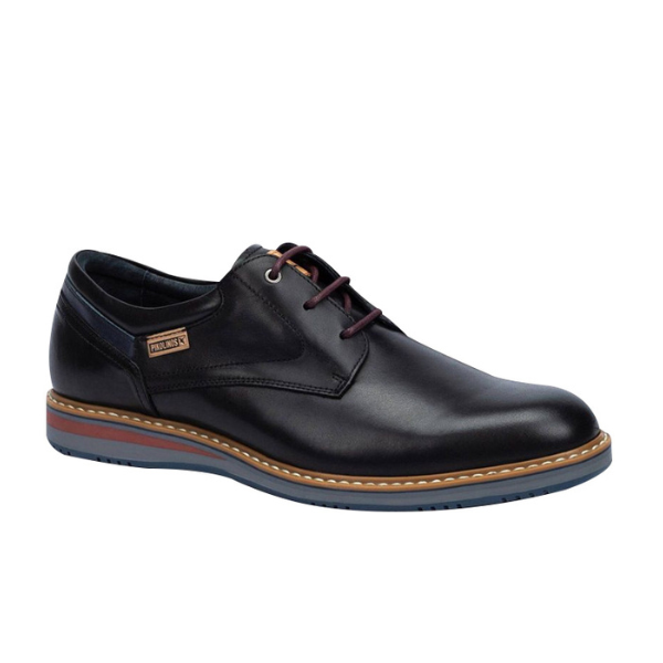 The PIKOLINOS Mens Avila Black dress shoe features black leather, brown stitching, maroon laces, and a rubber sole with brown and blue accents. Designed for foot pain comfort, the shoe is shown from a side view.