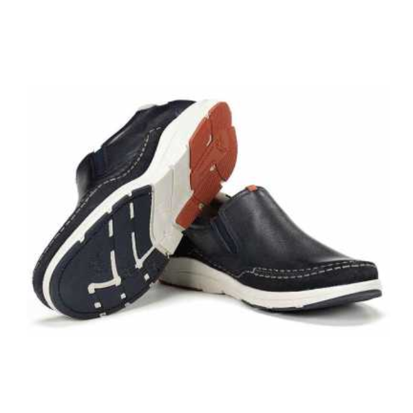 A pair of FLUCHOS Mens Kai Slip-On F1985 shoes in ocean blue, featuring white stitched detailing, thick white and red rubber soles, and a relaxed design. One shoe is upright while the other displays the sole.