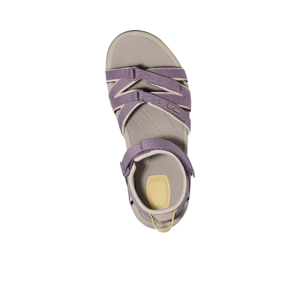 The Teva Womens Tirra in Grey Ridge/Purple features adjustable straps and a velcro ankle closure, shown from above on a white background—ideal sport sandals for women seeking comfort and active performance.