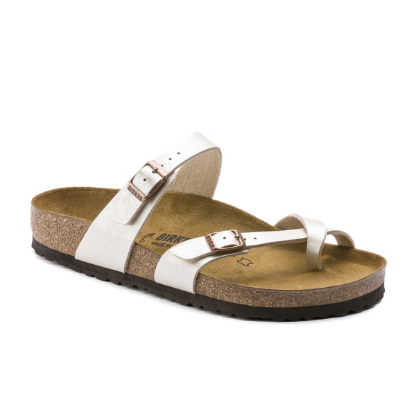 A single BIRKENSTOCK Womens Mayari Birko-Flor Graceful White Pearl sandal with adjustable straps, buckles, contoured footbed, and black textured sole, photographed against a white background.