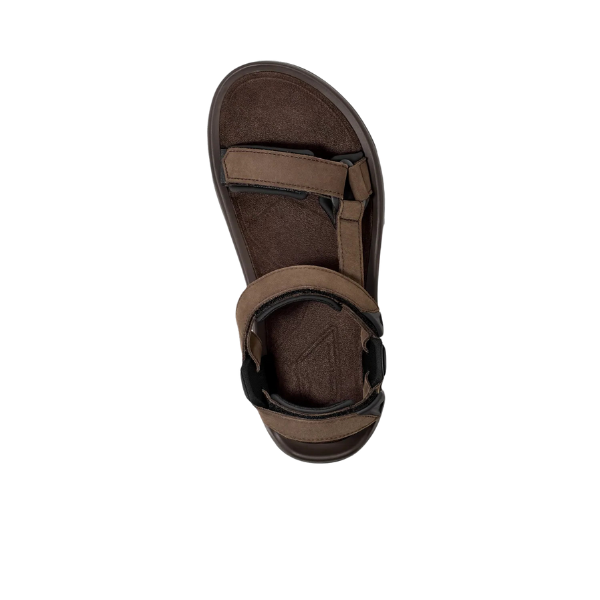 The Teva Mens Terra Fi 5 Universal Leather sandal in Turkish Coffee features adjustable velcro straps, a cushioned footbed, and an open-toe design—perfect for everyday comfort. Shown from above against a white background.