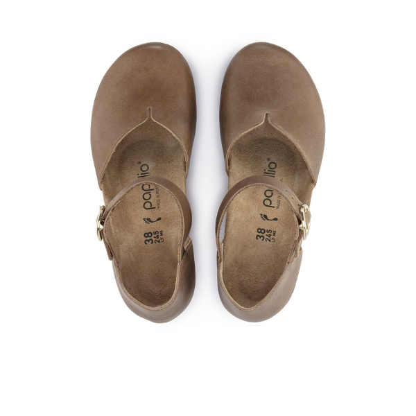 A pair of Birkenstock Womens Mary Leather Cognac closed-toe Mary Jane sandals in brown with ankle straps and buckles, size 38, viewed from above on a white background. Insoles show the BIRKENSTOCK brand name.