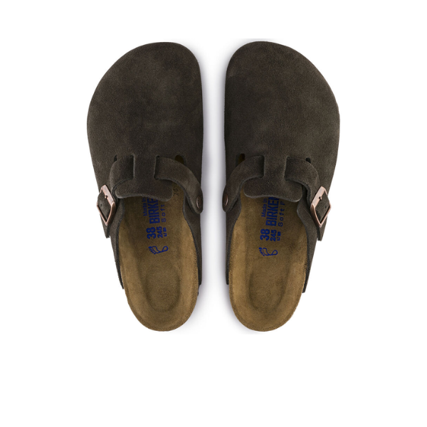 A pair of BIRKENSTOCK Mens Boston Soft Footbed Mocha clogs with adjustable side buckles, viewed from above on a white background.