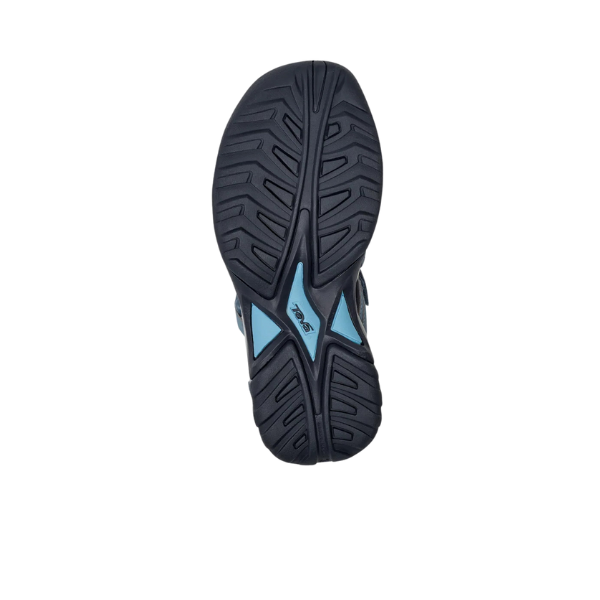 The image displays the black sole of the Teva Womens Omnium 2 Hybrid Blue Mirage with a blue accent and textured tread. The Teva logo is centered, showcasing its quick-drying upper, set against a plain white background.