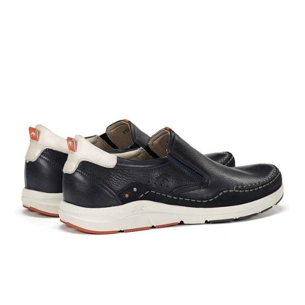 A pair of FLUCHOS Mens Kai Slip-On F1985 Ocean Blue casual shoes, designed for foot pain relief and comfort, with white soles and orange detailing, positioned side by side at an angle on a white background.