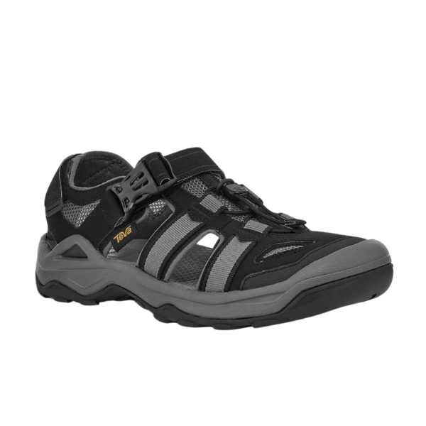 The Teva Mens Omnium 2 Hybrid Black features a closed toe, adjustable straps, mesh panels, and a rugged rubber sole—ideal hiking sandals designed for outdoor adventure.
