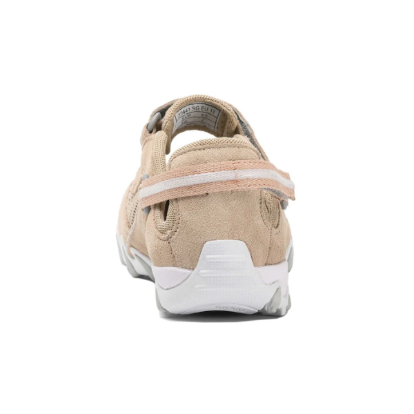 The ALLROUNDER Allrounder Womens Niro Taupe/Suede is a beige suede sneaker with a white sole, pink-striped adjustable heel strap, and visible stitching—an elegant and comfortable choice for women.
